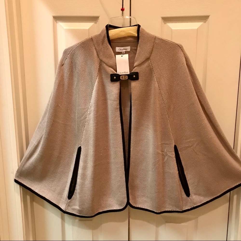 Calvin Klein Taupe Cape Sweater with Black Trim
